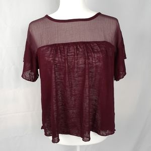 Aeropostale Burgundy Short Sleeve Sheer Top Blouse